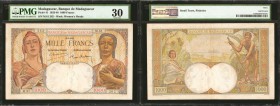 MADAGASCAR. Banque de Madagascar. 1000 Francs, 1945. P-41. PMG Very Fine 30.

A tough issued type with two allegorical woman, one on each side, faci...