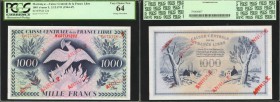 MARTINIQUE. Caisse Centrale de la France Libre. 1000 Francs, 1941. P-22b. PCGS Currency Very Choice New 64.

A stamp cancelled issued note seldom of...