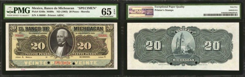 MEXICO. Banco de Michoacan. 20 Pesos, ND (1903). P-S340s. Specimen. PMG Gem Unci...