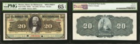 MEXICO. Banco de Michoacan. 20 Pesos, ND (1903). P-S340s. Specimen. PMG Gem Uncirculated 65 EPQ.

(M409s) Printed by ABNC. Morelia. A very scarce ba...