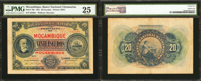 MOZAMBIQUE. Banco Nacional Ultramarino. 20 Escudos, 1921. P-70b. PMG Very Fine 2...