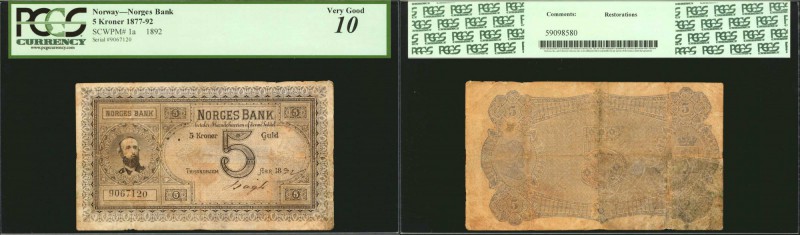 NORWAY. Norges Bank. 5 Kroner, 1877-99. P-1a. PCGS Currency Very Good 10.

The...