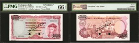 PORTUGUESE INDIA. Banco Nacional Ultramarino. 300 Escudos, 1959. P-44s. Specimen. PMG Gem Uncirculated 66 EPQ.

Specimen. Printed by TDLR. A purple ...