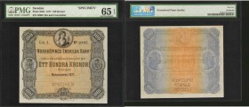 SWEDEN. Norrkopings Enskilda Bank. 100 Kronor, 1877. P-S364. Specimen. PMG Gem Uncirculated 65 EPQ.

Specimen. Printed by BWC. A remarkable piece, v...
