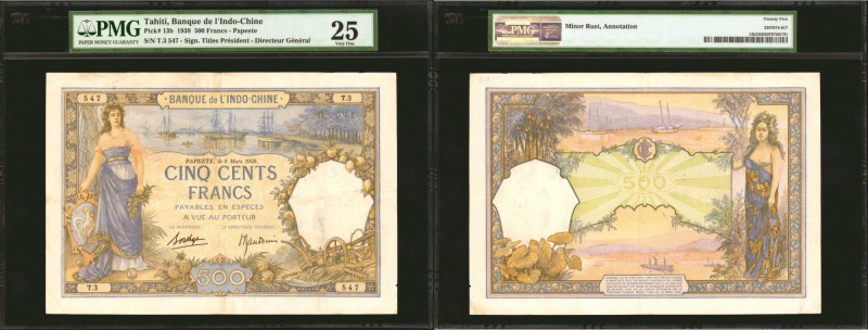 TAHITI. Banque de l'Indo Chine 500 Francs, 1938. P-13b. PMG Very Fine 25.

A p...
