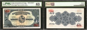 TONGA. Government of Tonga. 5 Pounds, ND (1921). P-4s. Specimen. PMG Choice Uncirculated 63.

Specimen. Printed by TDLR. A Treasury 5 Pound specimen...