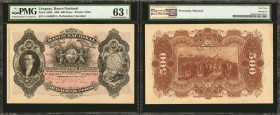 URUGUAY. Banco Nacional. 500 Pesos, 1896. P-A98b. Cancelled. PMG Choice Uncirculated 63 Net. Previously Mounted.

Regular issue serial numbers with ...
