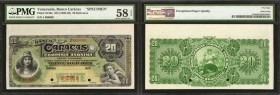 VENEZUELA. Banco Caracas. 20 Bolivares, ND (1926-28). P-S158s. Specimen. PMG Choice About Uncirculated 58 EPQ.

Homer Lee Bank Note. Selvage on top ...