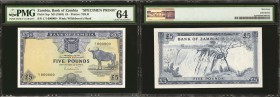 ZAMBIA. Bank of Zambia. 5 Pounds, ND (1964). P-3sp. Specimen. PMG Choice Uncirculated 64.

Specimen serial numbers. Printed on watermarked paper. A ...