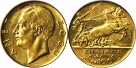 ALBANIA. 100 Franga Ari, 1926-R. Rome Mint. PCGS MS-62.

Fr-1; KM-11.1. No Stars variety. A classic 20th century large gold issue with bold design f...