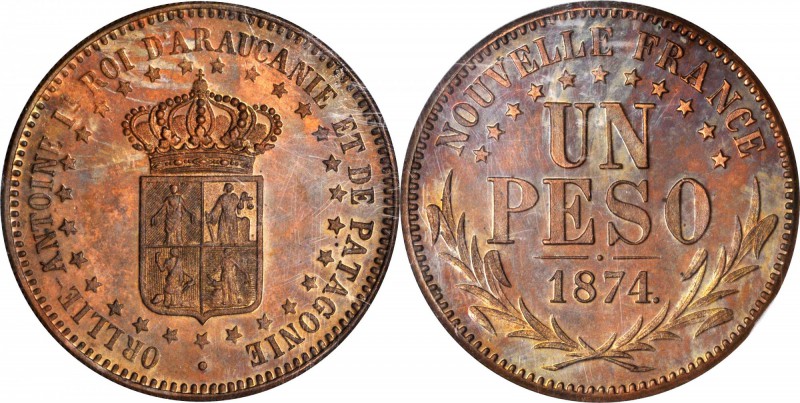 ARGENTINA. Araucania & Patagonia (New France). Copper Peso Piefort, 1874. NGC PR...