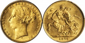 AUSTRALIA. Sovereign, 1876-M. Melbourne Mint. PCGS MS-64 Gold Shield.

S-3857; KM-7. A dazzling near-Gem of the date with incredibly sharp detail th...