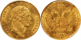 AUSTRIA. Ducat, 1857-E. Karlsburg Mint. PCGS MS-64 Gold Shield.

Fr-233 (listed under Hungary); KM-2263. Frosty, lustrous and a wisp or two away fro...