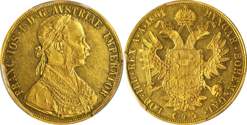 AUSTRIA. 4 Ducat, 1891. PCGS AU-58 Gold Shield.

Fr-487; KM-2276. Lightly hand...