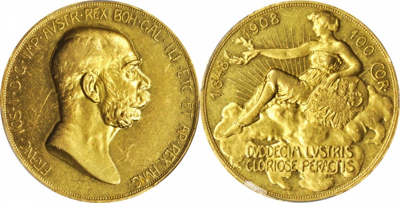 AUSTRIA. 100 Corona, 1908. PCGS AU-55 Gold Shield.

Fr-514; KM-2812. Famous "L...
