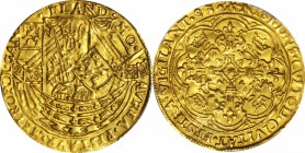BELGIUM. Ghent. Noble, 1583. PCGS MS-62 Gold Shield.

Fr-244; Delm-538. 6.76 grams. Obverse: Royal figure brandishing sword and shield atop ship, li...