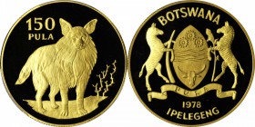 BOTSWANA. 150 Pula, 1978. PCGS PROOF-70 DEEP CAMEO Gold Shield.

Fr-3; KM-13. Conservation Series issue featuring the Brown Hyena with a mintage of ...