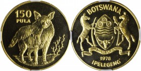 BOTSWANA. 150 Pula, 1978. NGC MS-67.

Fr-3; KM-13. Conservation Series issue featuring the Brown Hyena with a mintage of 664 pieces. An attractively...