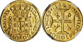 BRAZIL. 4000 Reis, 1723-R. Rio de Janeiro Mint. Joao V (1706-50). NGC MS-64+.

Fr-27; KM-102; LDMB-O175; Gomes-101.25. A gorgeous example, near the ...