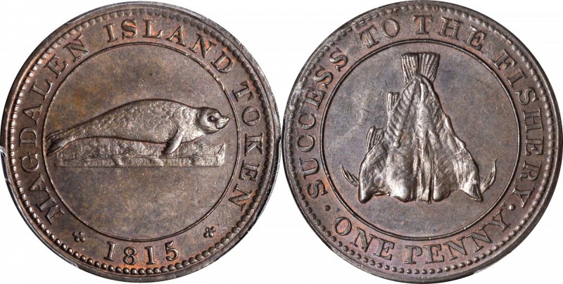 CANADA. Magdalen Island. "Seal" Penny Token, 1815. PCGS MS-63 BN Gold Shield.
...