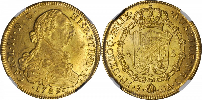 CHILE. 8 Escudos, 1789-So DA. Santiago Mint. Charles IV (1788-1808). NGC MS-61....