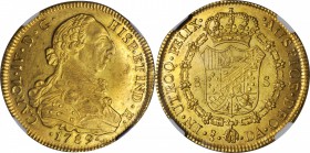 CHILE. 8 Escudos, 1789-So DA. Santiago Mint. Charles IV (1788-1808). NGC MS-61.

Fr-19; KM-42; Cal-type-16#146. First year of issue, struck in the n...