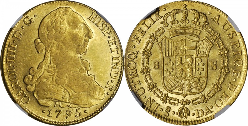 CHILE. 8 Escudos, 1795-So DA. Santiago Mint. Charles IV (1788-1808). NGC AU-55....