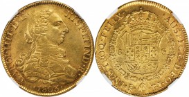 CHILE. 8 Escudos, 1803-So FJ. Santiago Mint. Charles IV (1788-1808). NGC AU-58.

Fr-23; KM-54; Cal-Type 17#165. Strong luster remains in the fields ...