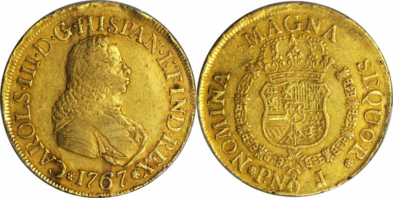 COLOMBIA. 8 Escudos, 1767-PN J. Popayan Mint. Charles III (1759-88). PCGS EF-45 ...