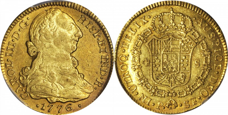 COLOMBIA. 4 Escudos, 1776-P SF. Popayan Mint. Charles III (1759-88). PCGS AU-53 ...