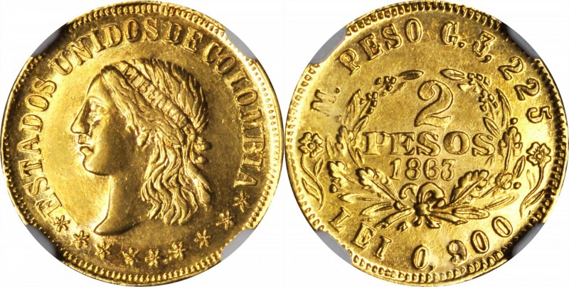 COLOMBIA. 2 Pesos, 1863-M. Medellin Mint. NGC MS-63.

Fr-97; KM-147; Restrepo-...