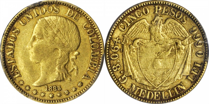 COLOMBIA. 5 Peso, 1885/74. Medellin Mint. PCGS Genuine--Filed Rims, EF Details G...