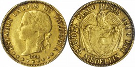 COLOMBIA. 5 Peso, 1885/74. Medellin Mint. PCGS Genuine--Filed Rims, EF Details Gold Shield.

Fr-105; Restrepo-M330.1; KM-163. Clear and unusual over...