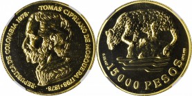 COLOMBIA. 15000 Pesos, 1978. NGC MS-67.

Fr-140; KM-266. Conservation Series issue featuring the Ocelot with a mintage of 490 pieces. Attractively d...