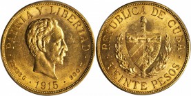 CUBA. 20 Pesos, 1915. PCGS AU-58 Gold Shield.

Fr-1; KM-21. Vibrant luster remains in the fields with only the slightest wisp of friction over the h...