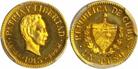 CUBA. Peso, 1915. PCGS PROOF-67 CAMEO Gold Shield.

Fr-7; KM-16. Listed mintage of 140 pieces. Immaculate Superb Gem quality, displaying unblemished...