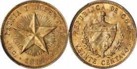 CUBA. 20 Centavos, 1915. PCGS MS-63 Gold Shield.

KM-13.2. Low relief star, fine reeding variety. Attractive quality with bright luster residing ben...