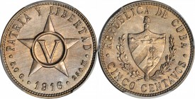 CUBA. 5 Centavos, 1916. PCGS MS-65 Gold Shield.

KM-11.1. An impressive Gem survivor, almost entirely free of marks with alluring pastel-hued toning...