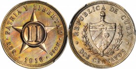 CUBA. 2 Centavos, 1916. PCGS MS-66 Gold Shield.

KM-A10. Conditionally RARE and uniquely presented with electric green, pink and yellow iridescent p...