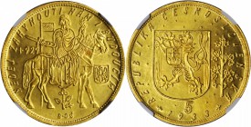CZECHOSLOVAKIA. 5 Dukatu, 1933. NGC MS-64+.

Fr-5; KM-13. From a mintage of only 1,752 pieces. Sharply struck with brilliant yellow luster in the fi...