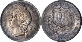 DOMINICAN REPUBLIC. 5 Francos, 1891-A. NGC MS-63.

KM-12. One year type. Reflective in the fields with attractive mauve and blue patina around the o...