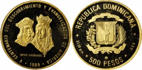 DOMINICAN REPUBLIC. 500 Pesos, 1989. PCGS PROOF-62 DEEP CAMEO Gold Shield.

Fr-10; KM-76. Struck for the 500th Anniversary of the discovery and evan...