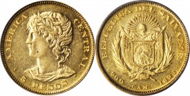 EL SALVADOR. 5 Pesos, 1892-CAM. PCGS AU-58.

Fr-3; KM-117. RARE one year type with a mintage of only 558 pieces. Just missing the Mint State designa...