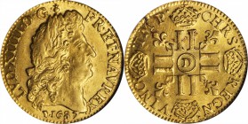 FRANCE. Louis d'Or, 1687-D. Lyon Mint. Louis XIV (1643-1715). NGC MS-63.

Fr-426; KM-256.2; Gad-249. The louis d'or a la perruque type struck at Lyo...