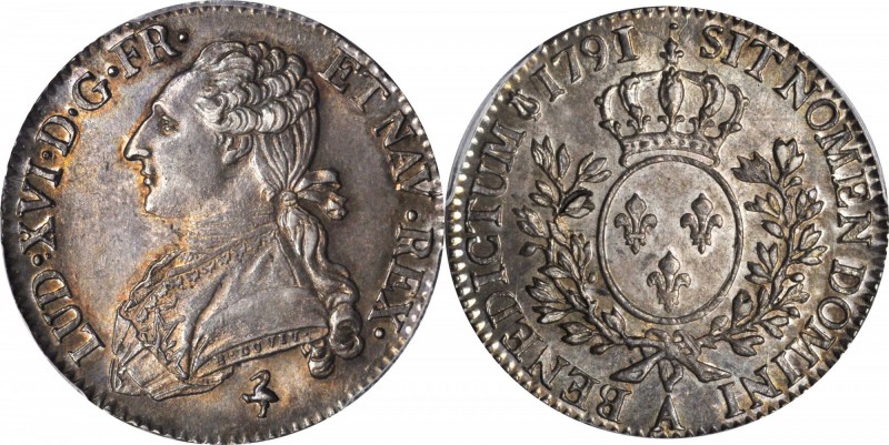 FRANCE. 1/2 Ecu, 1791-A. Paris Mint. Louis XVI (1774-92). PCGS MS-64 Gold Shield...