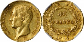 FRANCE. 40 Franc, AN 14 (1805)-U. Torino Mint. NGC AU-55.

Fr-482; KM-664.2; Gad-1081. From a mintage of only 1,199 pieces. Choice quality for this ...