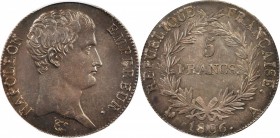 FRANCE. 5 Franc, 1806-A. Paris Mint. PCGS MS-62.

KM-673.1; Gad-581; VG-1498. The first issue struck after the abandonment of the French revolutiona...