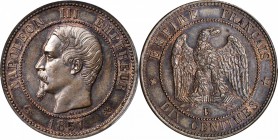 FRANCE. 10 Centimes Piefort, 1857-B. Rouen Mint. PCGS SP-64 BN.

Maz-1698a. Piefort. Blue, green and mauve tone adorns the reflective fields with im...