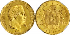 FRANCE. 100 Franc, 1866-BB. Strasbourg Mint. NGC MS-62+.

Fr-581; KM-802.2; Gad-1136. From a mintage of only 3,075 pieces. Sharply defined with medi...