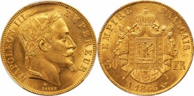 FRANCE. 50 Franc, 1866-A. Paris Mint. PCGS MS-63+ Gold Shield.

Fr-582; KM-804.1; Gad-1112. Premium quality for the issue with largely undisturbed r...